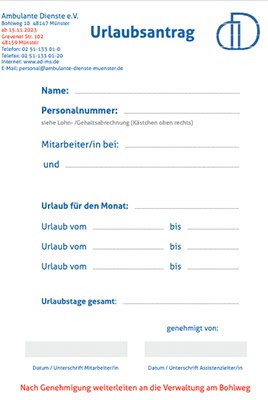 Ambulante-Dienste-eV-Muenster Ein deutsches Urlaubsantragsformular mit Feldern für Personalnummer, Abteilung und Urlaubsdaten. Oben finden Sie die Kontaktdaten und unten einen Hinweis zur Weiterleitung an die Verwaltung nach Genehmigung.